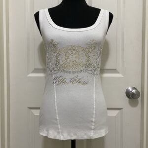Vintage Bebe Sport Ribbed Tank Top White Gold Silver USA Made Y2K Small - Large